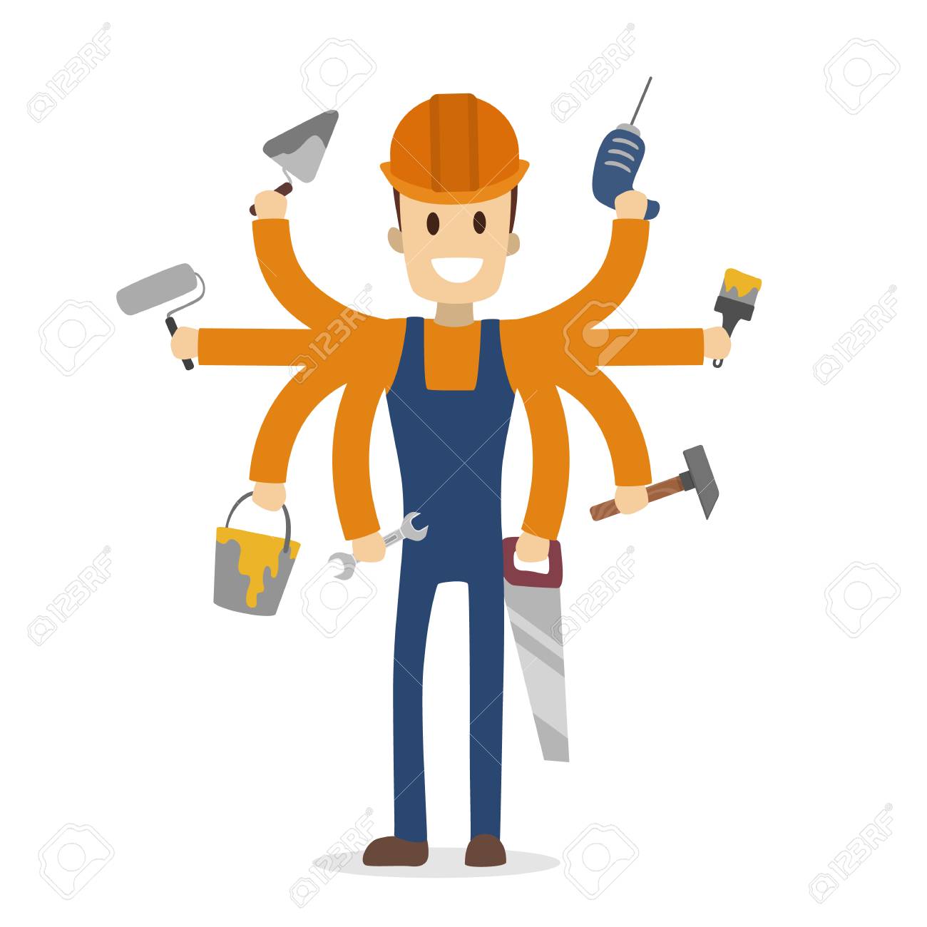 Multitasking construction worker with six hands on white.
